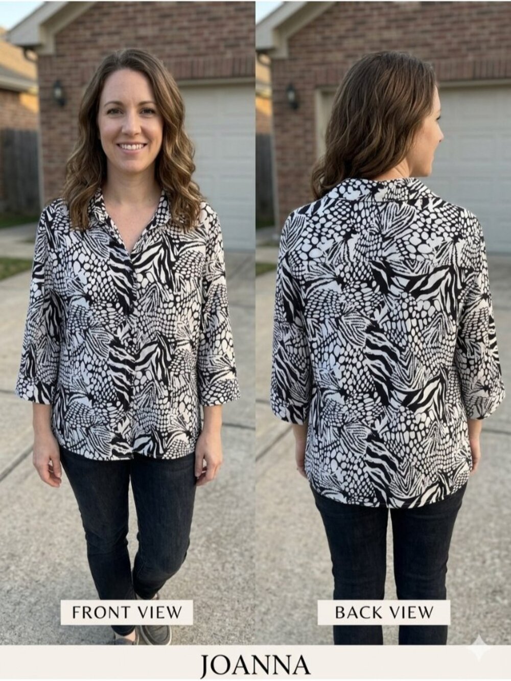 Joanna Vintage 90s XL Abstract Animal Print Blouse 3/4 Sleeve Button Up Office